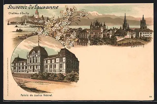 Lithographie Lausanne, Teilansicht, Chateau d`auchi, Palais de Justice federal