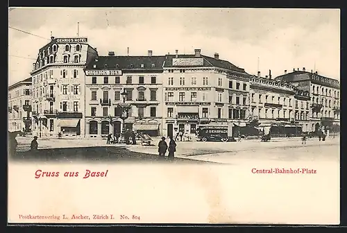AK Basel, Central-Bahnhof-Platz mit Gehrig`s Hotel
