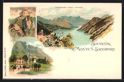 Lithographie Lugano, Gasthof, Gebirgssee, Schloss an einer Klippe