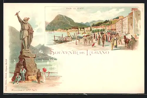 Lithographie Lugano, Statue am Wasser, Hafen mit Pferdekutsche