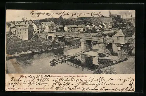 AK Diez, Sachsenhausen, Lahnbrücke mit Peterskirche aus der Vogelschau