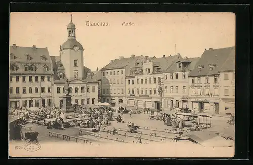AK Glauchau, Markt mit Marktständen aus der Vogelschau