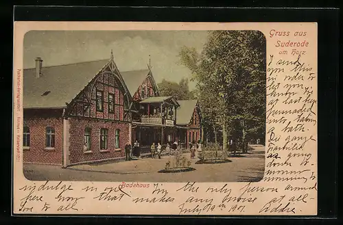 AK Suderode /Harz, Badehaus mit Gästen, Strasse und Anlagen