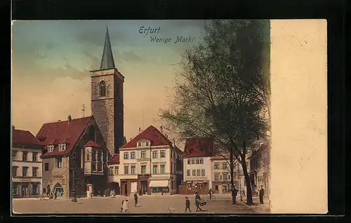 AK Erfurt, Wenige Markt mit Passanten und Kirche