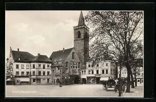 AK Erfurt, Wenigemarkt mit Kirche, Kutschen und Geschäften