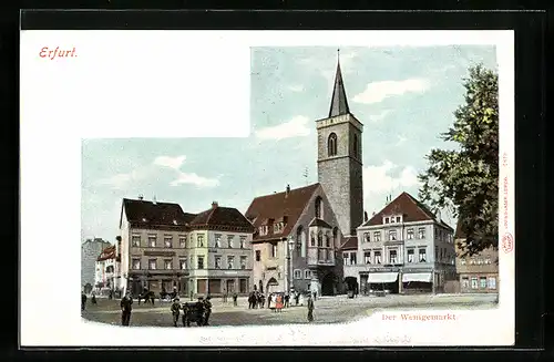 AK Erfurt, Wenigemarkt mit Passanten und Kirchturm