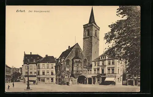 AK Erfurt, Der Wenigemarkt, mit Geschäften und Kirchturm