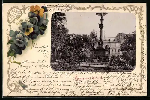 Passepartout-Lithographie Erfurt, Anlage mit Kriegerdenkmal, Stiefmütterchen