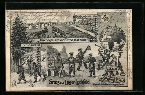 AK Lager Lechfeld, Erdachse, Füchse sagen sich am Barackenlager gute Nacht, Mond mit Gesicht