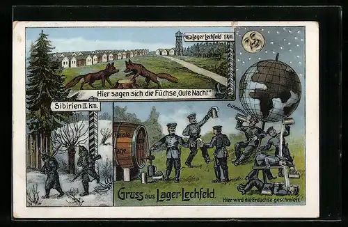 AK Lager-Lechfeld, Sibirien II km, Hier sagen sich die Füchse Gute Nacht, Hier wird die Erdachse geschmiert