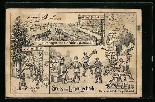 AK Lager Lechfeld, Erdachse, Füchse sagen sich am Barackenlager gute Nacht, Mond mit Gesicht