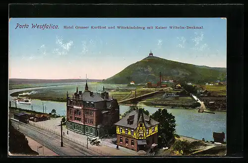AK Porta Westfalica, Hotel Grosser Kurfürst u. Wittekindsberg m. Kaiser-Wilhelm-Denkmal