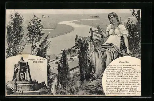 AK Porta, Kaiser Wilhelm-Denkmal, Wesertal, Weserlied