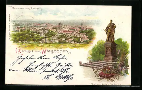 Lithographie Wiesbaden, Panorama vom Rheinblick, Denkmal Kaiser Friedrich III.