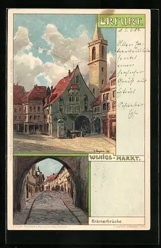 Künstler-AK Albert Stagura: Erfurt, Strassenpartie am Wenige-Markt, Krämerbrücke