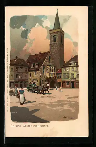 Künstler-Lithographie Alexander Marcks: Erfurt, St. Aegidienkirche