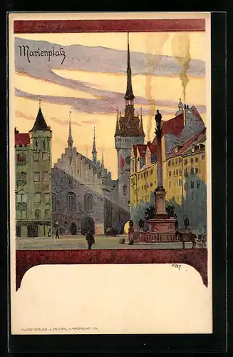 Künstler-AK Heinrich Kley: Marienplatz mit Brunnen
