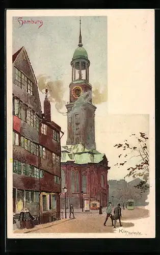 Künstler-AK Heinrich Kley: Hamburg, Blick zur Kirche