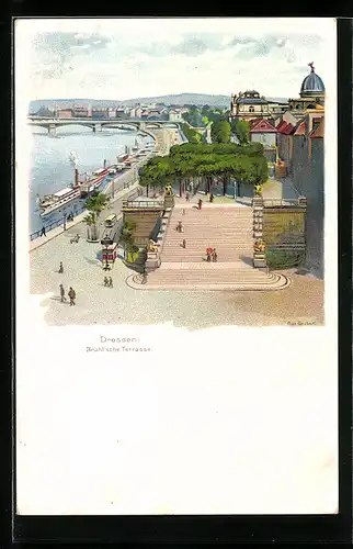 Lithographie Dresden, Brühl`sche Terrasse mit Elbe aus der Vogelschau