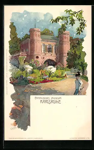 Künstler-AK Karlsruhe, Botanischer Garten mit Besucherin