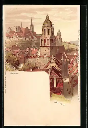 Lithographie Meissen, Ortsansicht aus der Vogelschau