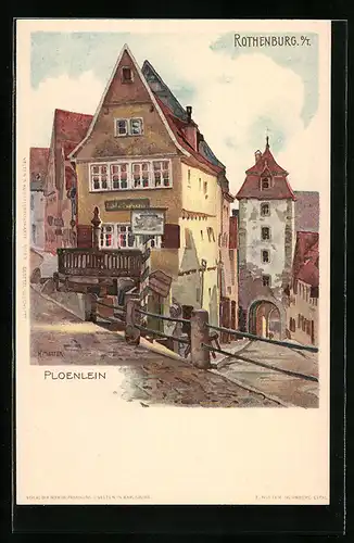 Künstler-Lithographie Karl Mutter: Rothenburg o/T, Strasse am Ploenlein