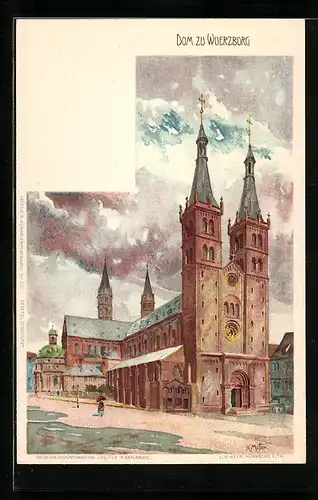 Künstler-Lithographie Karl Mutter: Würzburg, Ansicht des Doms