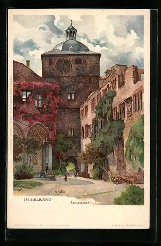 Künstler-AK K. Mutter: Heidelberg, Schlosstor mit Spaziergängern um 1900
