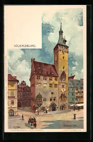 Künstler-AK K. Mutter: Würzburg, Eckardsturm, passierende Pferdekutsche