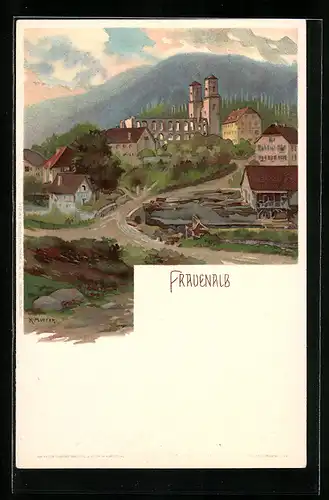 Künstler-AK K. Mutter: Frauenalb, Ortspartie mit Klosterruine