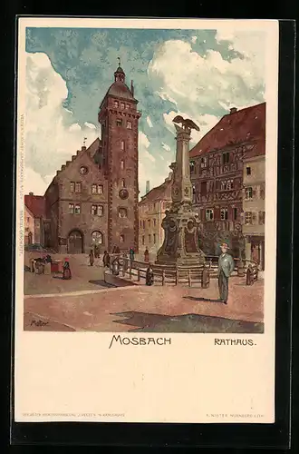 Künstler-AK Karl Mutter: Mosbach, Rathaus und Denkmal