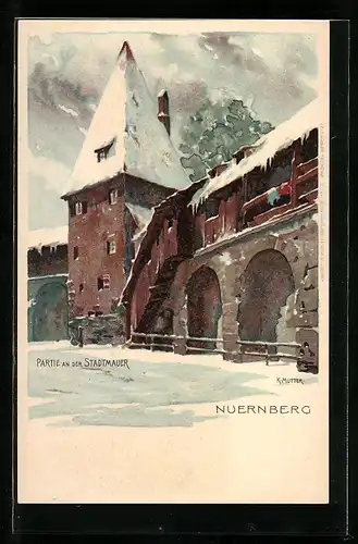 Künstler-AK Karl Mutter: Nürnberg, Winterliche Partie an der Stadtmauer
