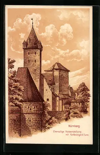 Lithographie Nürnberg, Ehemalige Kaiserstallung mit Fünfeckigen Turm