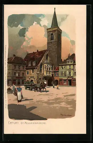 Künstler-Lithographie Alexander Marcks: Erfurt, St. Aegidienkirche