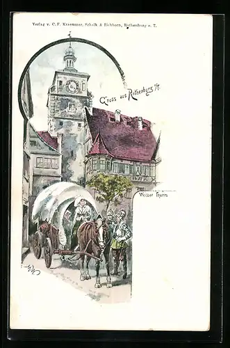 Künstler-AK Rothenburg o. T., Kutsche am Weissen Thurm