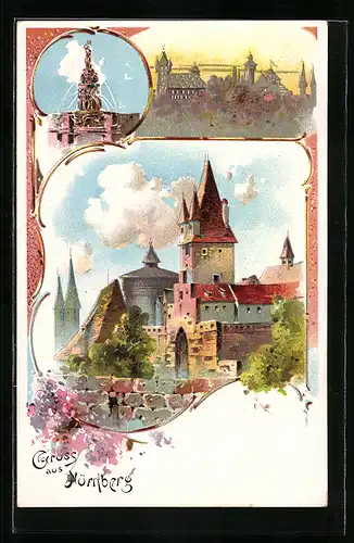 Lithographie Nürnberg, Burg, Am Frauentor, Tugendbrunnen