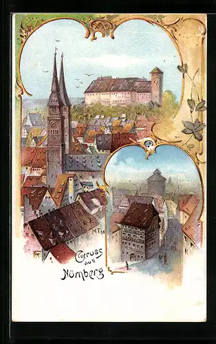 Lithographie Nürnberg, Totalansicht mit Burg, Strassenpartie