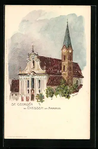 Lithographie Diessen am Ammersee, Kirche St. Georgen