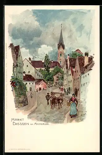 Lithographie Diessen a. Ammersee, Strassenpartie am Markt