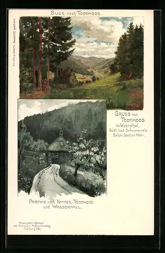 Künstler-AK Carl Münch: Todtmoos /Wehratal, Blick nach Hinter-Todtmoos und Wasserfall