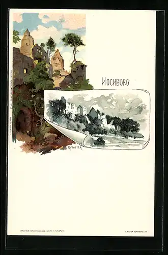 Künstler-AK Karl Mutter: Hochburg, Ortsansicht und Burgruine