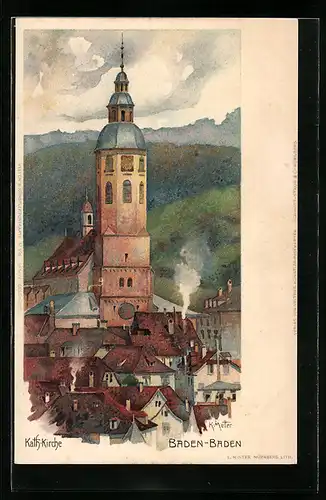Künstler-AK Karl Mutter: Baden-Baden, Kath. Kirche mit Ortsansicht