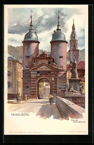 Lithographie Heidelberg, Tor der Alten Brücke mit Passanten