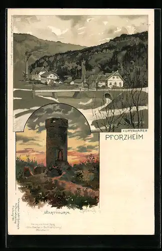 Künstler-AK Carl Münch: Pforzheim, Kupferhammer, Wartthurm im Abendlicht