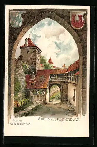 Lithographie Rothenburg, Blick vom Inneren des Koboltzellerthor
