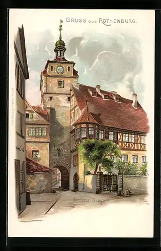 Lithographie Rothenburg, Teilansicht mit Weissem Turm