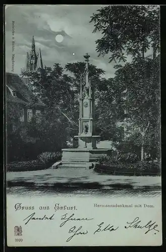 Mondschein-AK Erfurt, Am Hermannsdenkmal mit Dom bei Vollmond