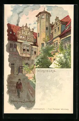 Künstler-AK Würzburg, Weinhaus Sandhof