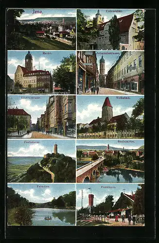 AK Jena, Generalansicht der Stadt, auf dem Markt, Blick in die Johannisstrasse, am Volksbad, Saalepartie mit Brücke, am