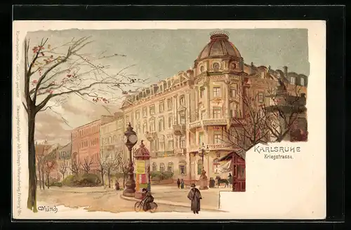 Künstler-AK Carl Münch: Karlsruhe, Kriegstrasse mit Hotel Germania und Litfasssäule